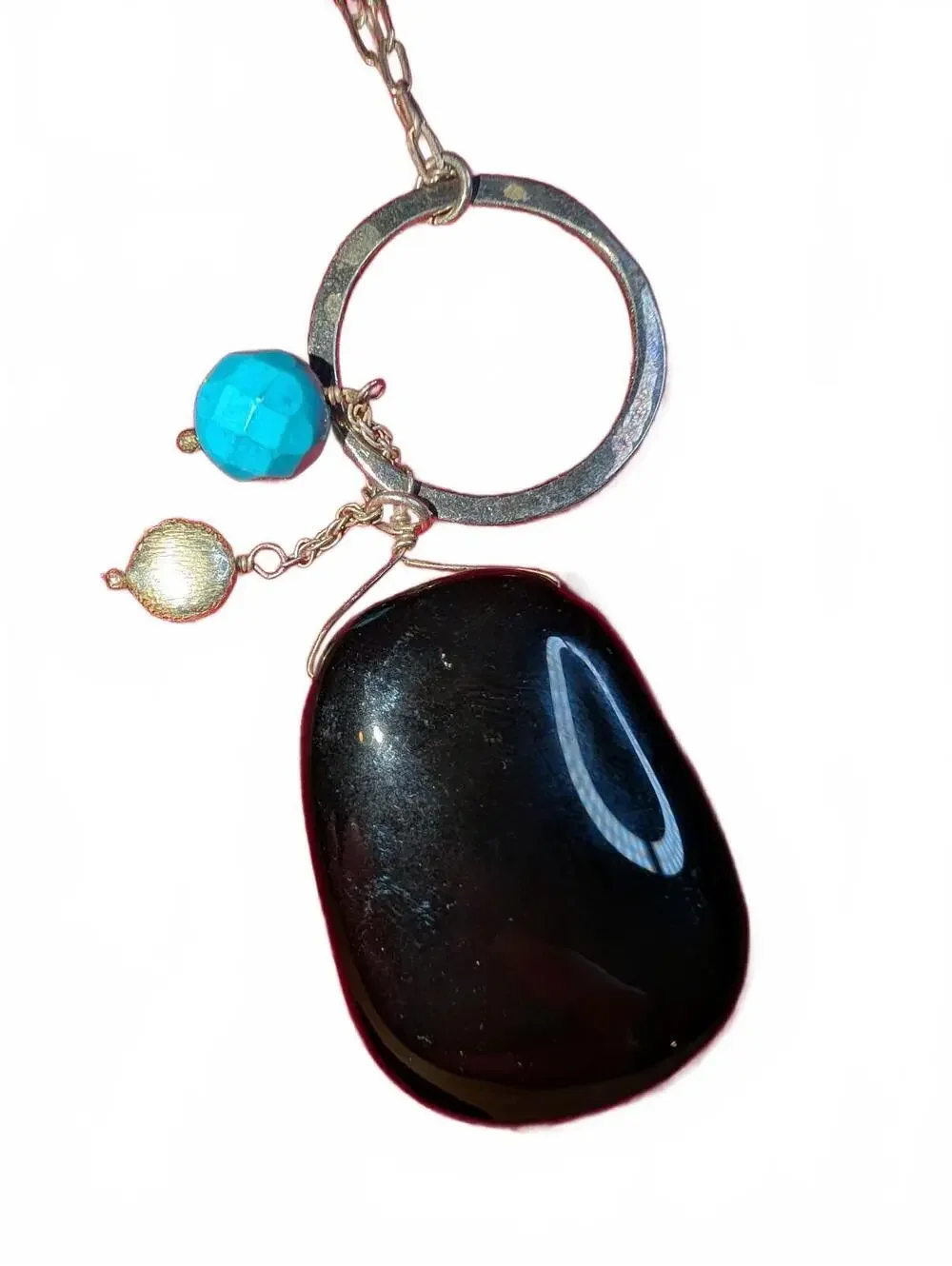 Handmade Silver Chain Necklace with Black onyx or obsidian and Turquoise Beads